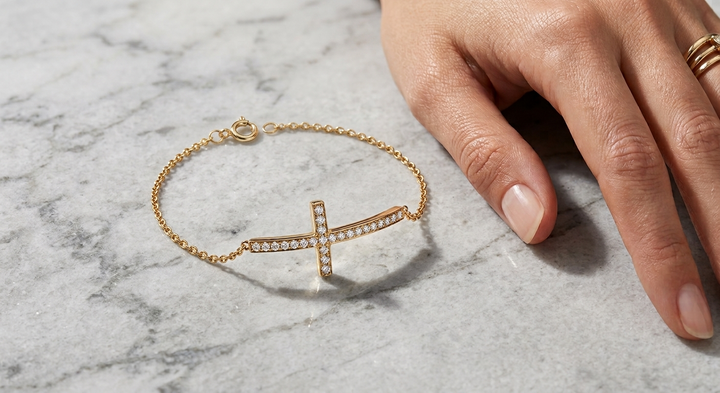 Curved Diamond Cross Chain Bracelet In 9K To 18K Gold Or Sterling Silver