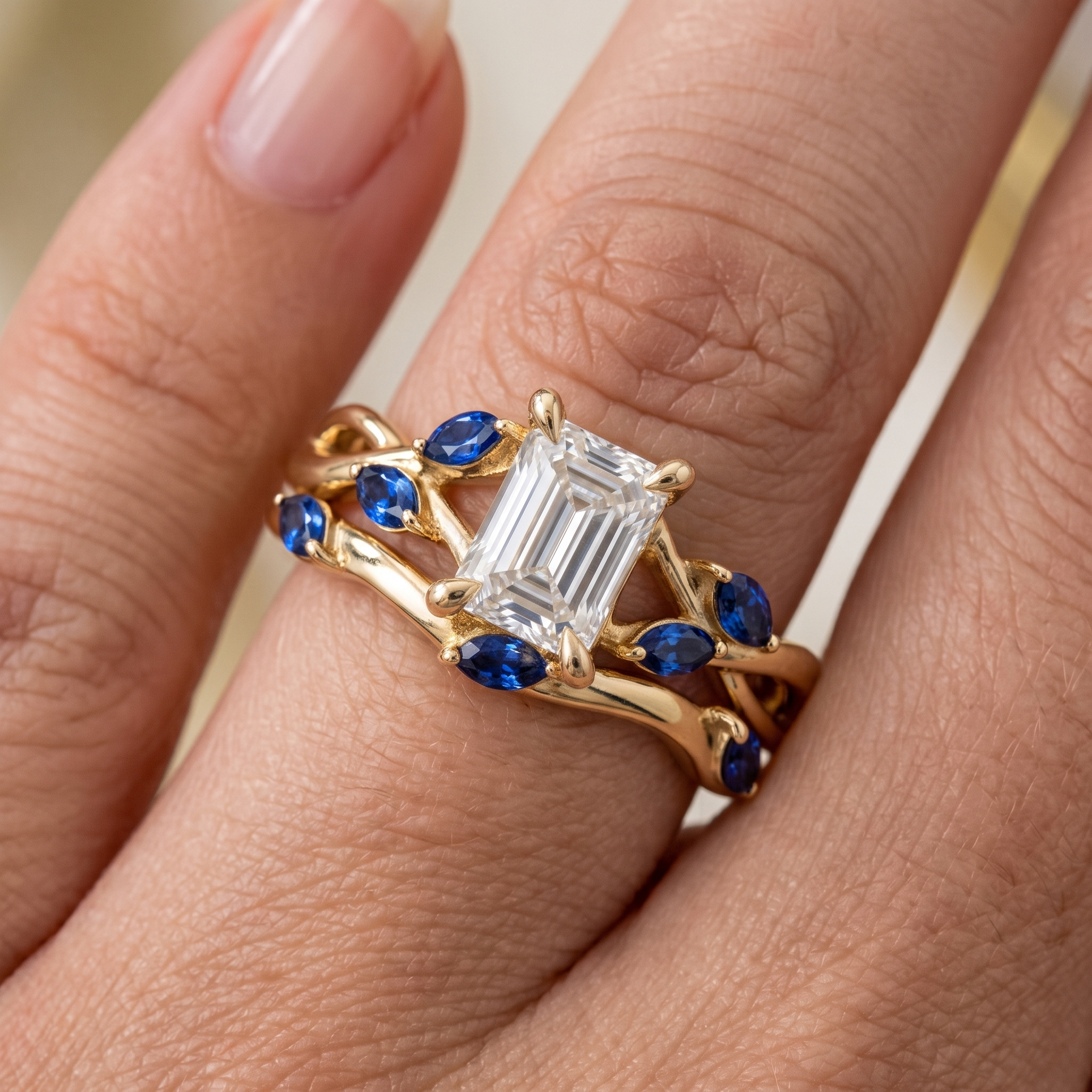 Emerald Cut Diamond Engagement Ring Set, Blue Sapphire Branch Design, Solid Gold Wedding Band