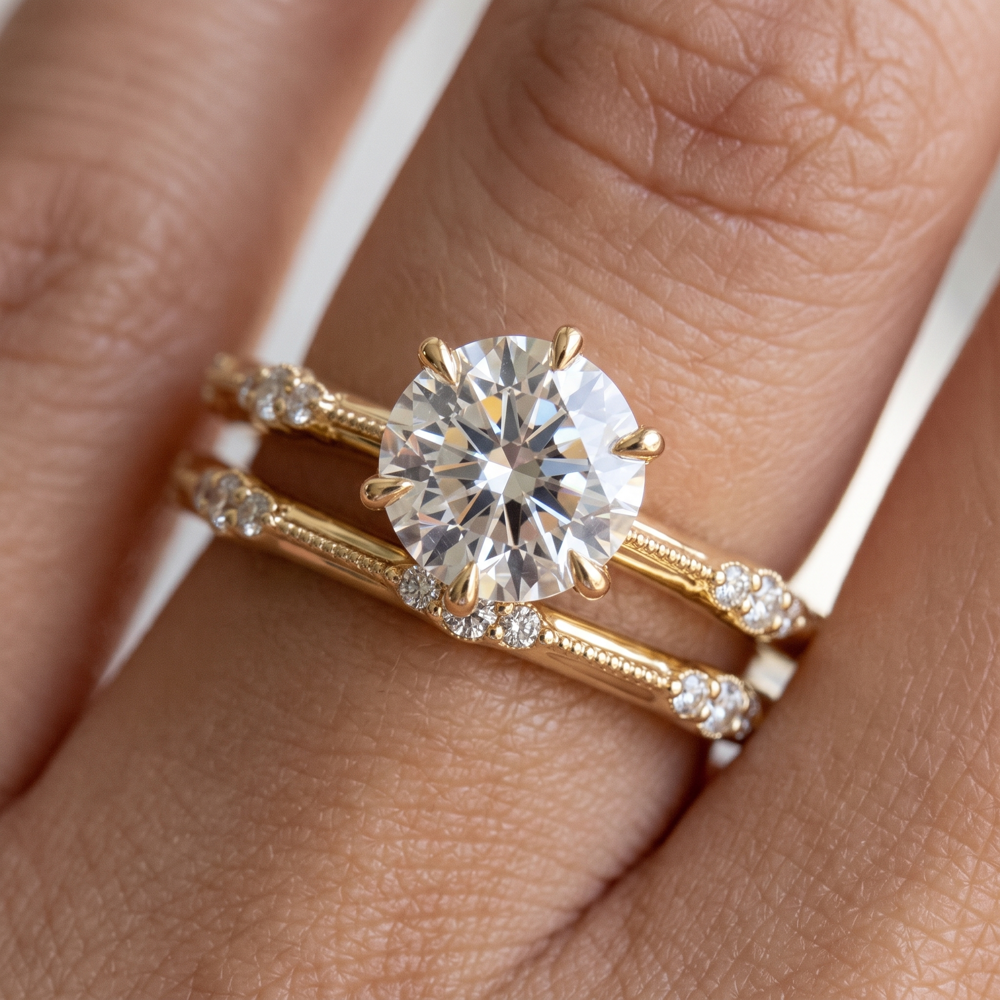 Lab Grown Diamond Bridal Set, Round Cut Solitaire Engagement Ring, Yellow Gold Wedding Band