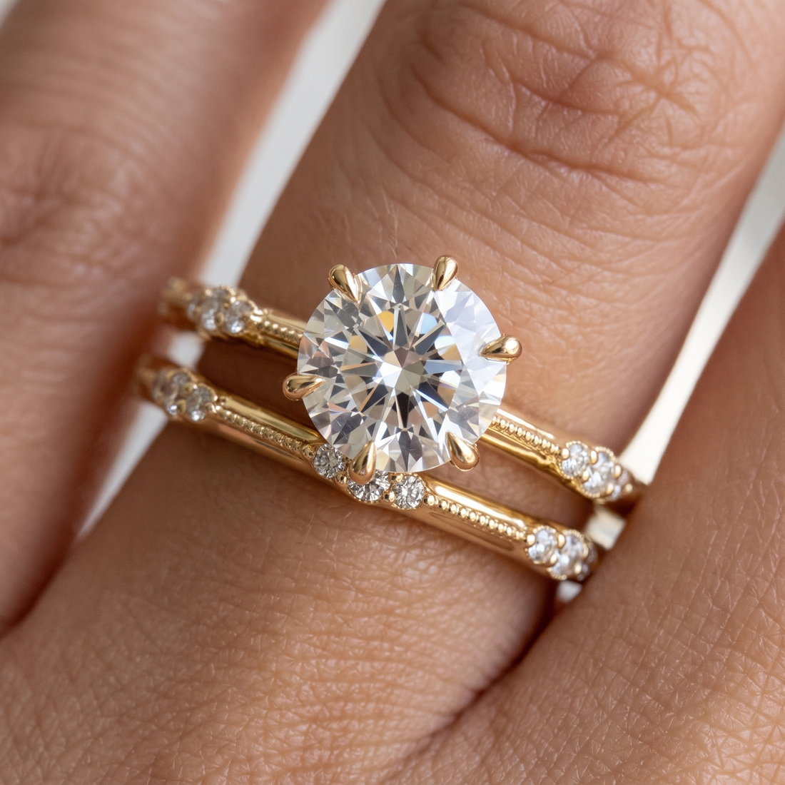 Lab Grown Diamond Bridal Set, Round Cut Solitaire Engagement Ring, Yellow Gold Wedding Band