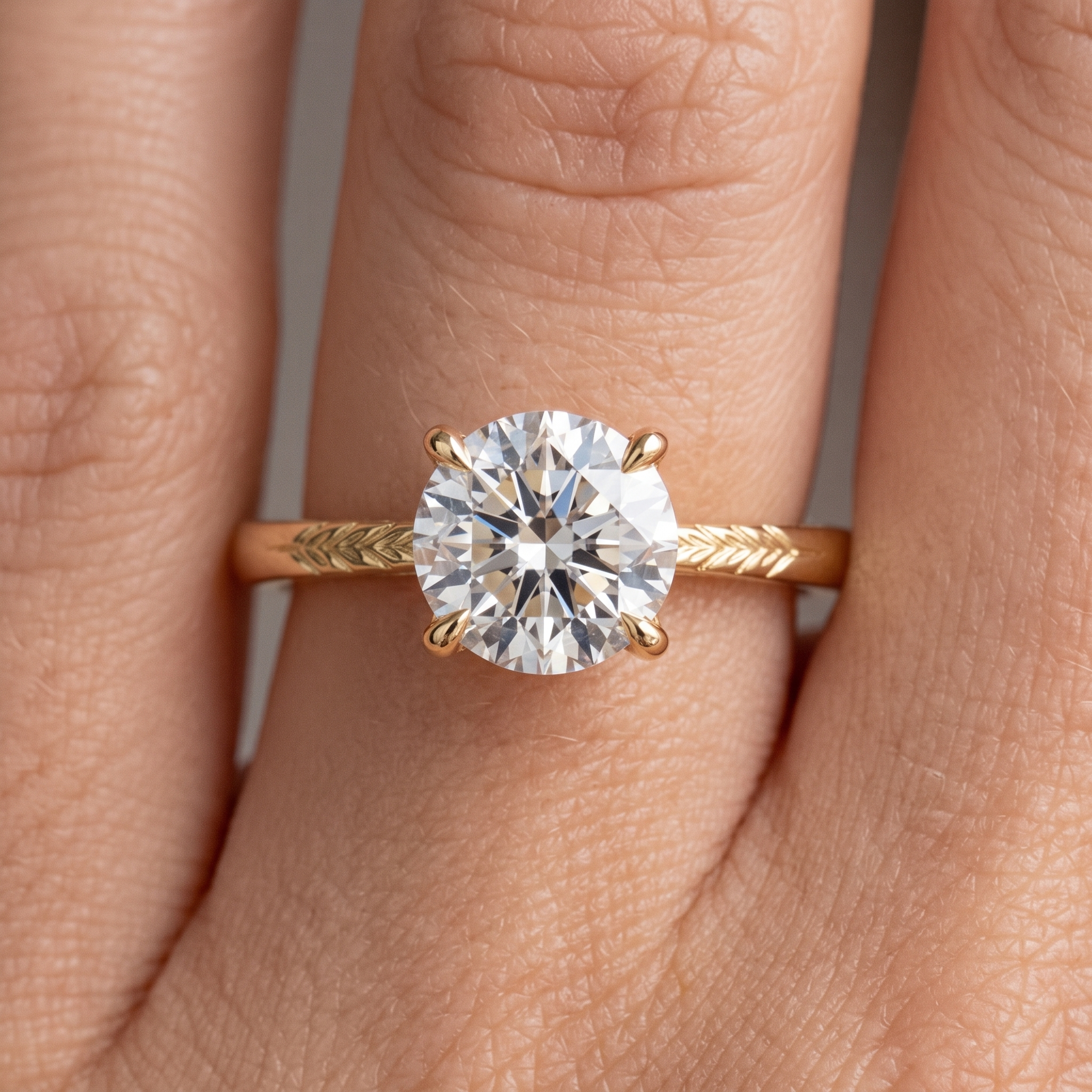 Hand Engraved Wheat Solitaire Engagement Ring, Round Cut Diamond, Nature Inspired Band
