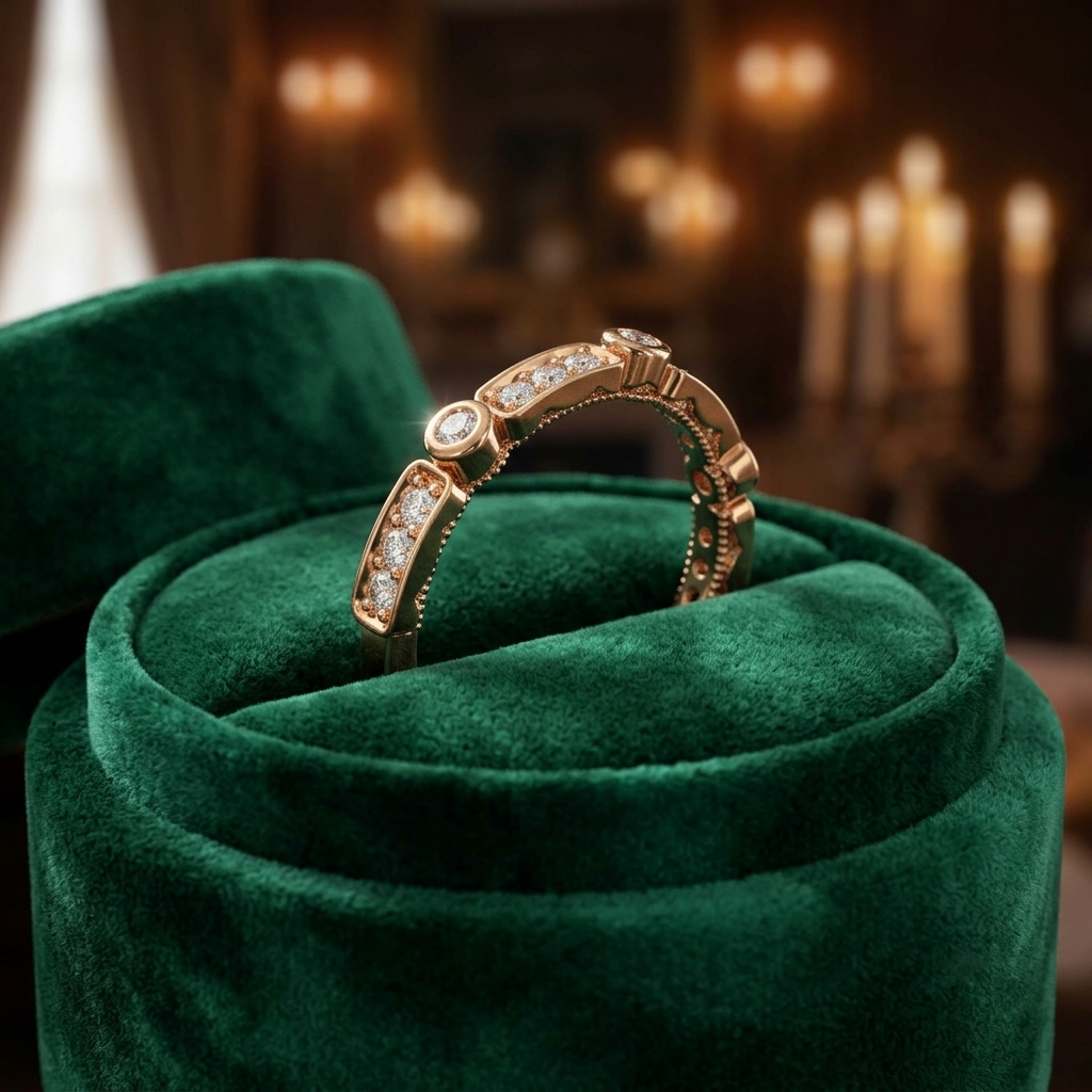 Art Deco Milgrain Diamond Band, Rose Gold Stacking Ring, Alternative Wedding Band