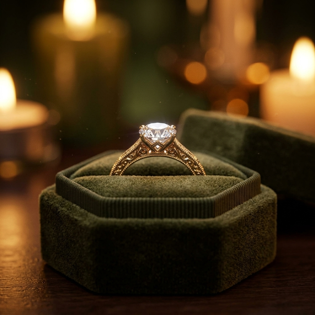 Vintage Art Deco Yellow Gold Engagement Ring, Round Lab Grown Diamond, Milgrain Scroll Design
