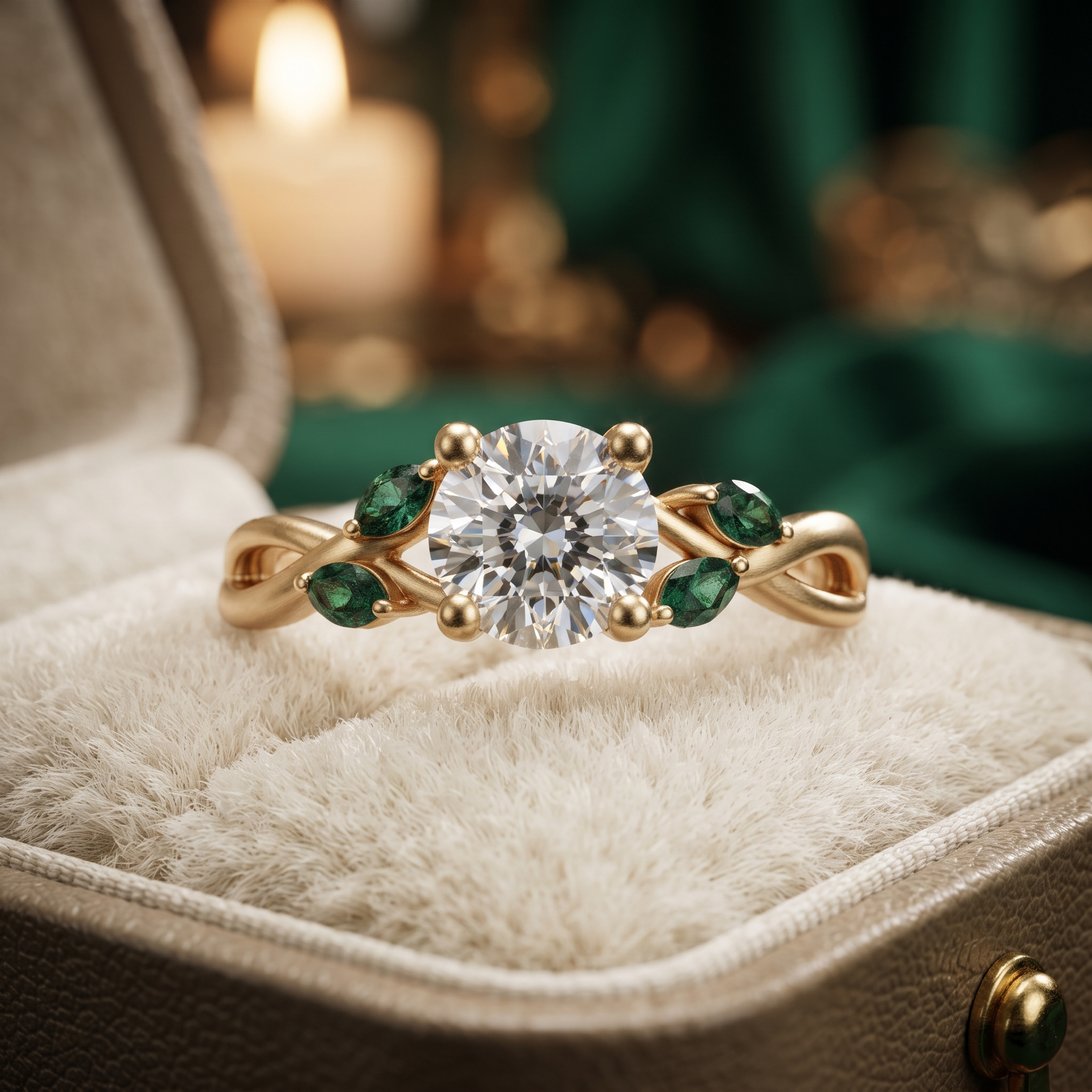 14K Yellow Gold Leaf Engagement Ring with Marquise Emeralds – Nature Floral Cluster Ring