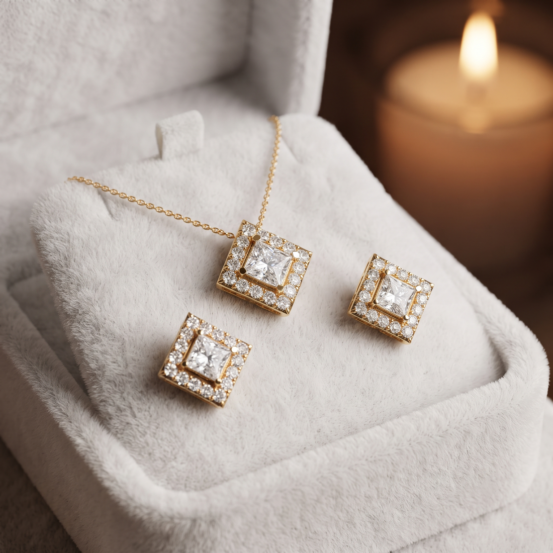 Princess Cut Diamond Halo Necklace Set, Square Pendant Earrings, Bridal Jewelry Gift