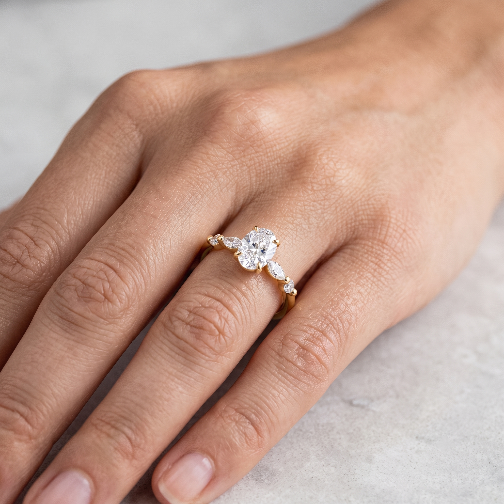 Oval Cut Solitaire Engagement Ring Set | Marquise Beaded Wedding Band (Yellow Gold)