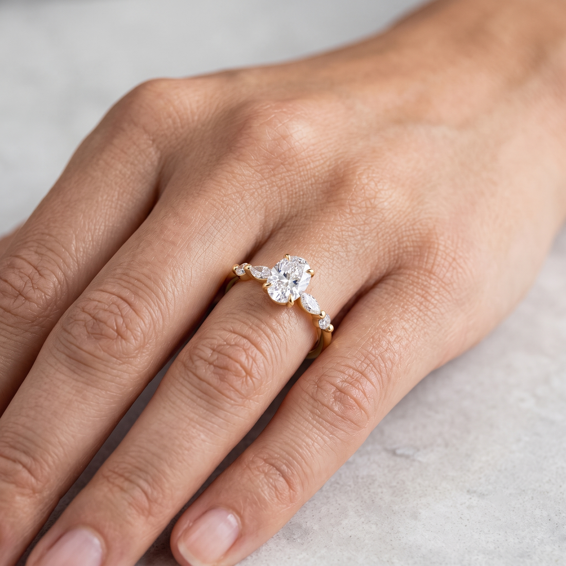 Oval Cut Solitaire Engagement Ring Set | Marquise Beaded Wedding Band (Yellow Gold)