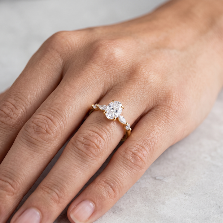 Oval Cut Solitaire Engagement Ring Set | Marquise Beaded Wedding Band (Yellow Gold)