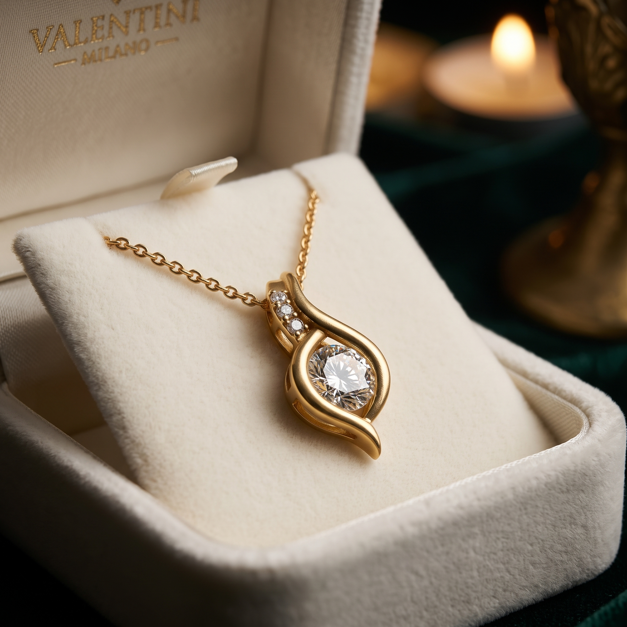 14K Gold Swirl Diamond Pendant Necklace, Teardrop Solitaire, Modern Twist Design