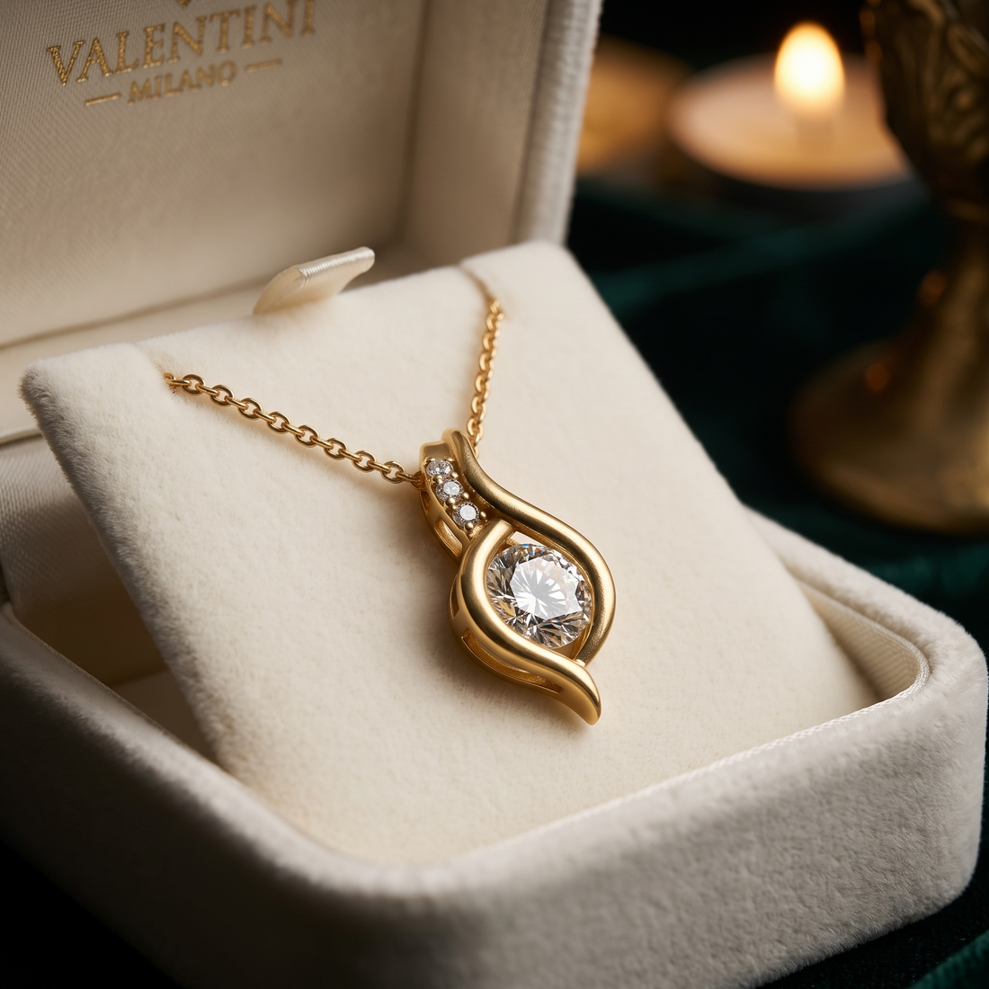 14K Gold Swirl Diamond Pendant Necklace, Teardrop Solitaire, Modern Twist Design