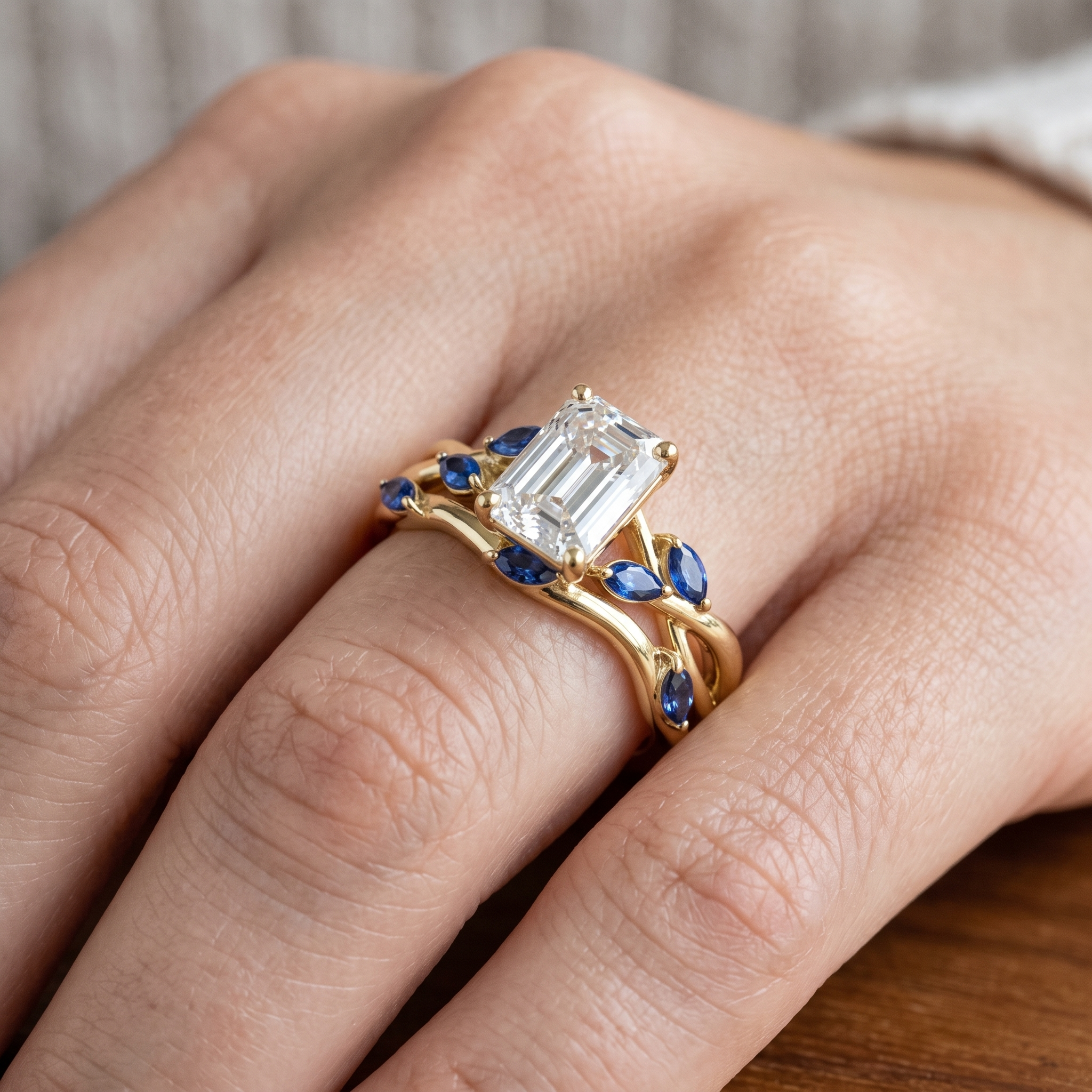 Emerald Cut Diamond Engagement Ring Set, Blue Sapphire Branch Design, Solid Gold Wedding Band