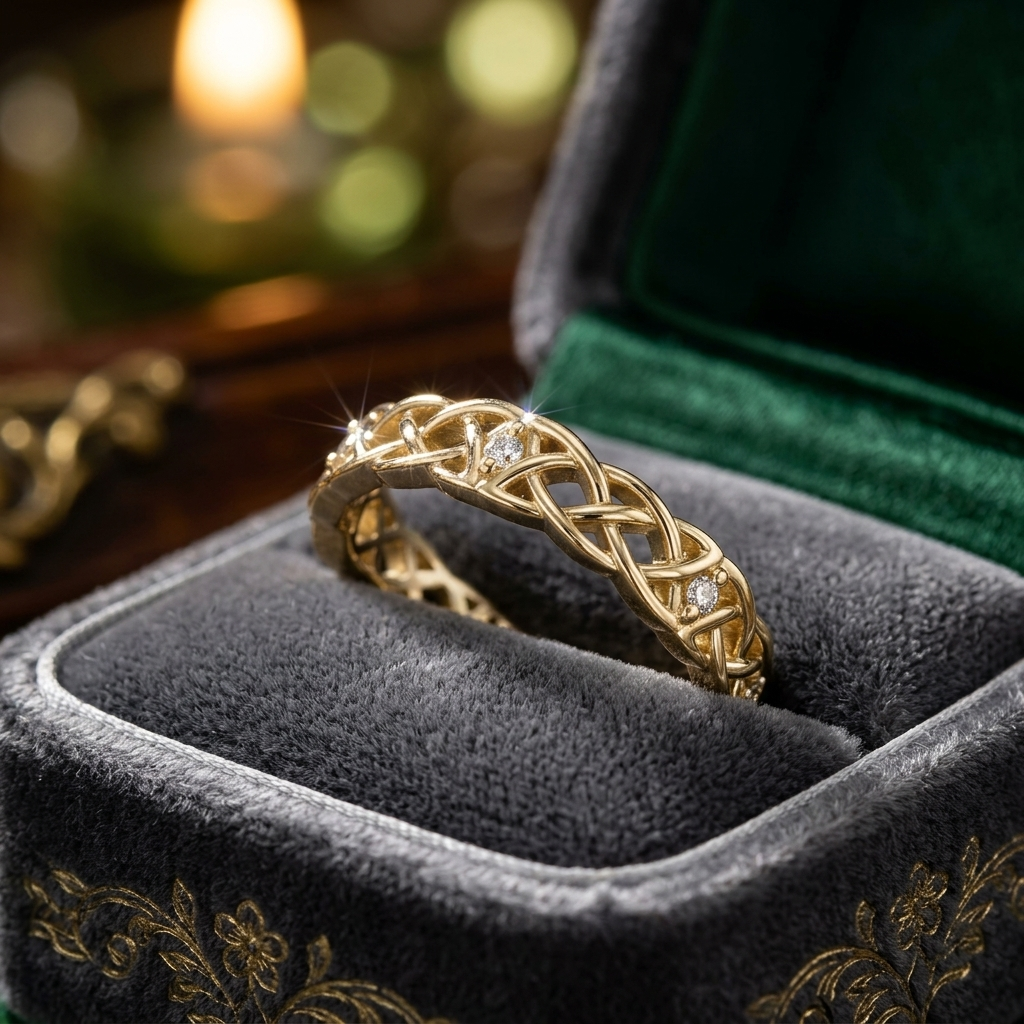 Gold Celtic Knot Ring with Diamonds, Woven Filigree Wedding Band, Irish Heritage Jewelry