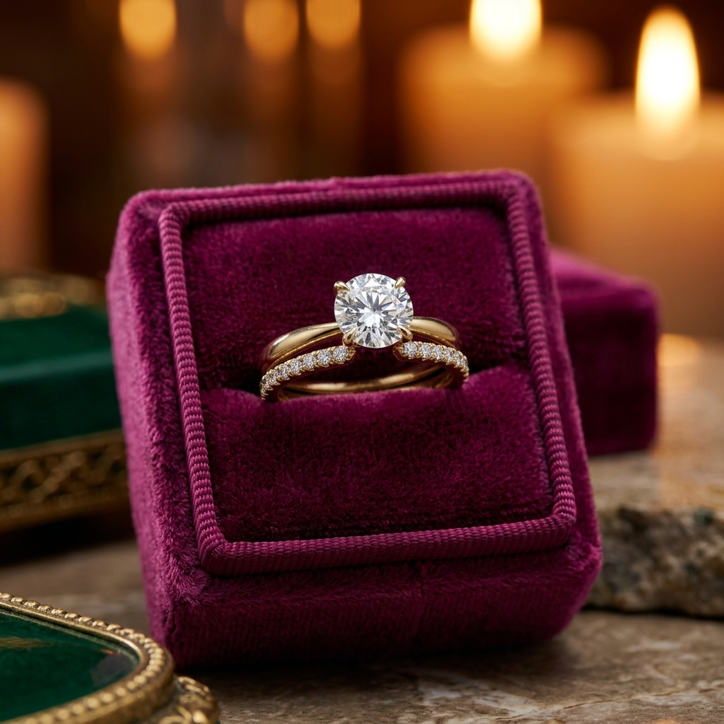 Round Cut Diamond Engagement Ring Set, Yellow Gold Pave Wedding Band Bridal Set