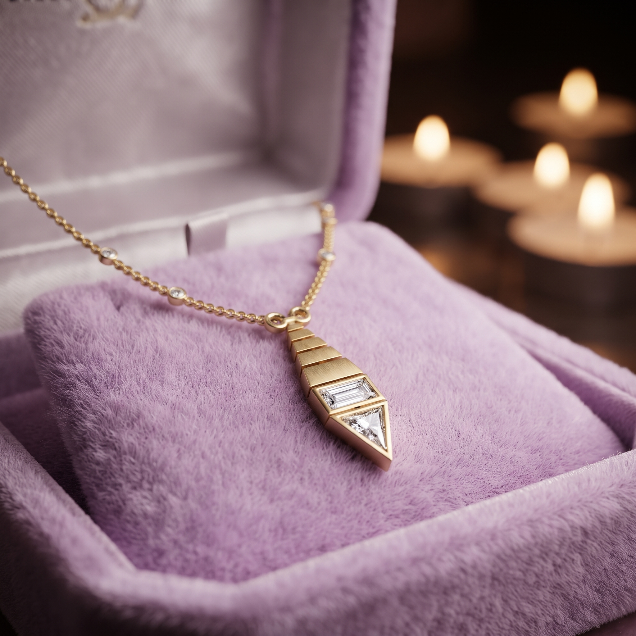 Art Deco Diamond Pendant Necklace, Baguette & Trillion Cut, Minimalist Gold Statement Jewelry
