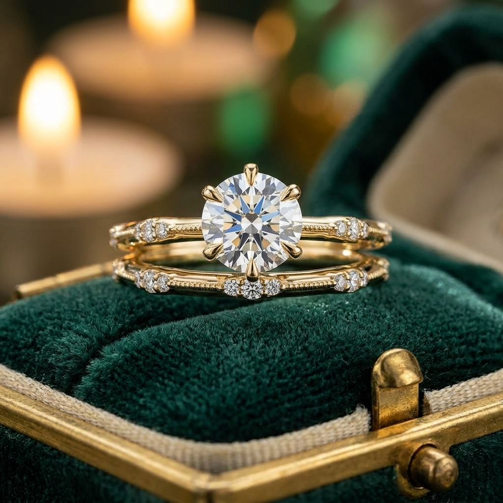 Lab Grown Diamond Bridal Set, Round Cut Solitaire Engagement Ring, Yellow Gold Wedding Band