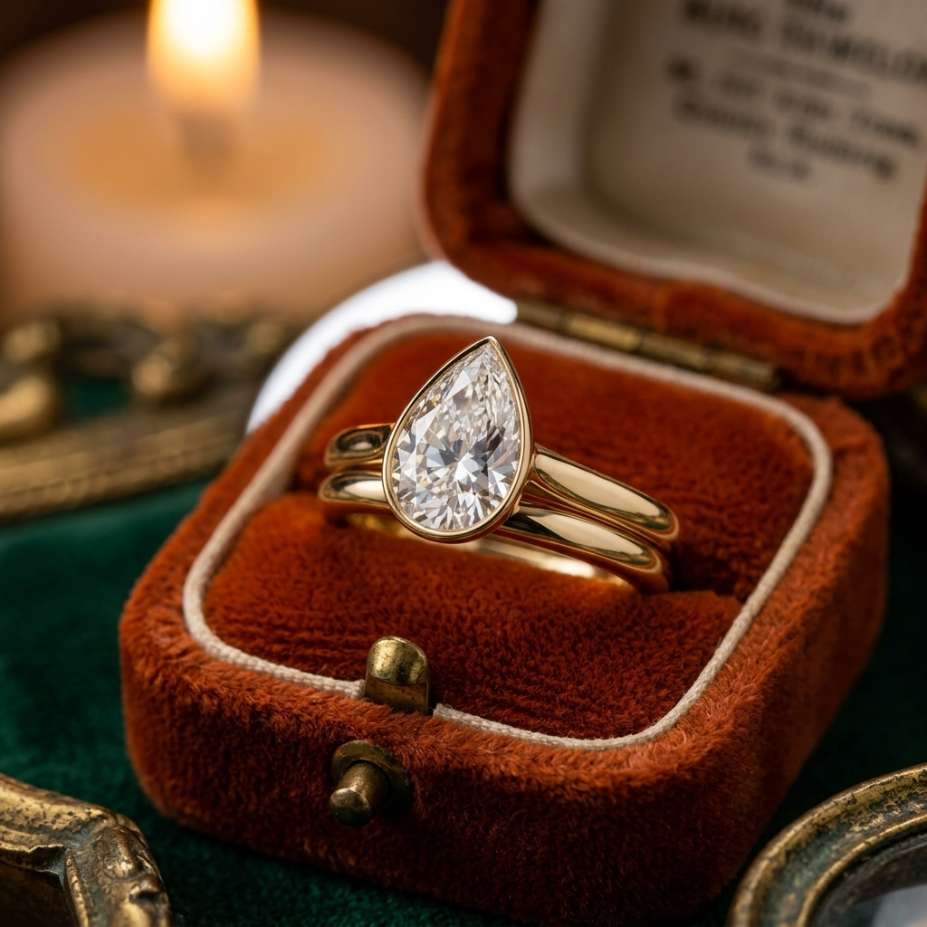 Pear Cut Diamond Bezel Ring, Yellow Gold Bridal Set, Teardrop Stacking Rings