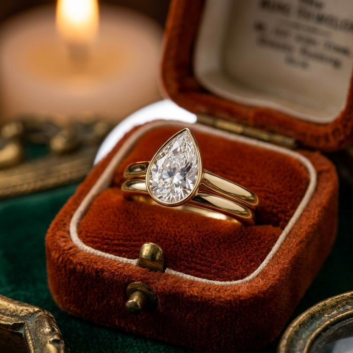 Pear Cut Diamond Bezel Ring, Yellow Gold Bridal Set, Teardrop Stacking Rings