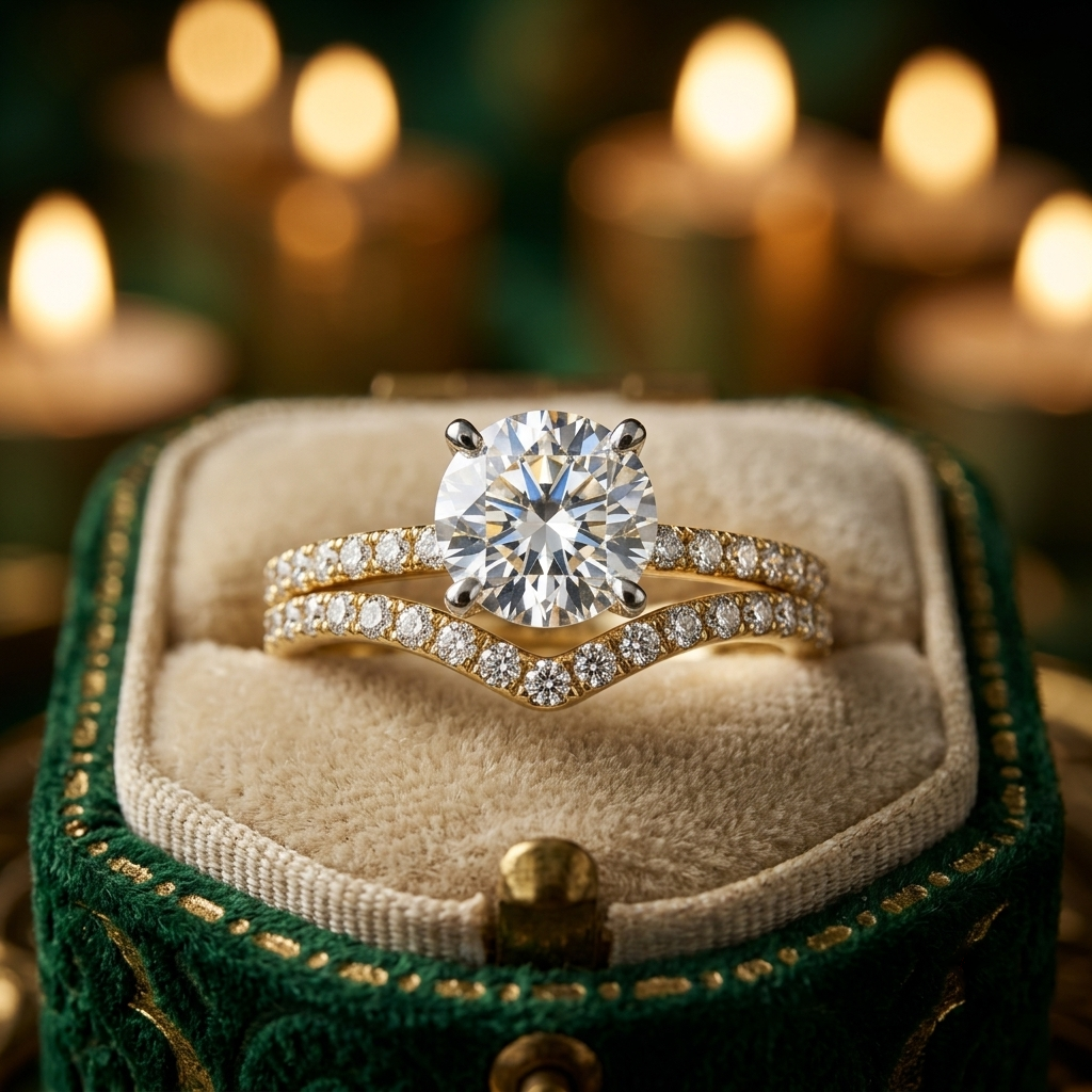 Yellow Gold Round Cut Diamond Engagement Ring Set with Pave Band
