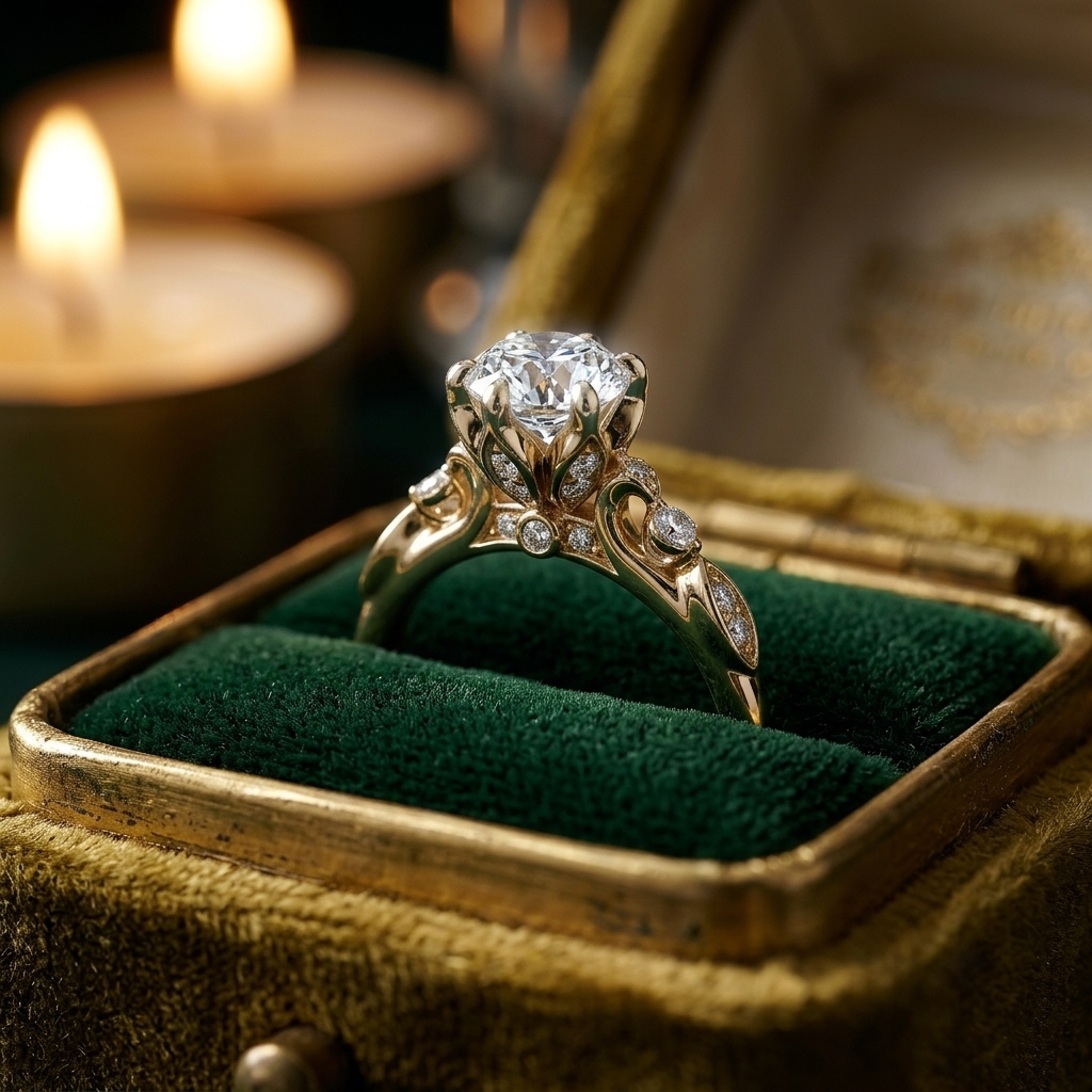 Custom Floral Basket Engagement Ring, Lab Grown Diamond, Hidden Halo Accent