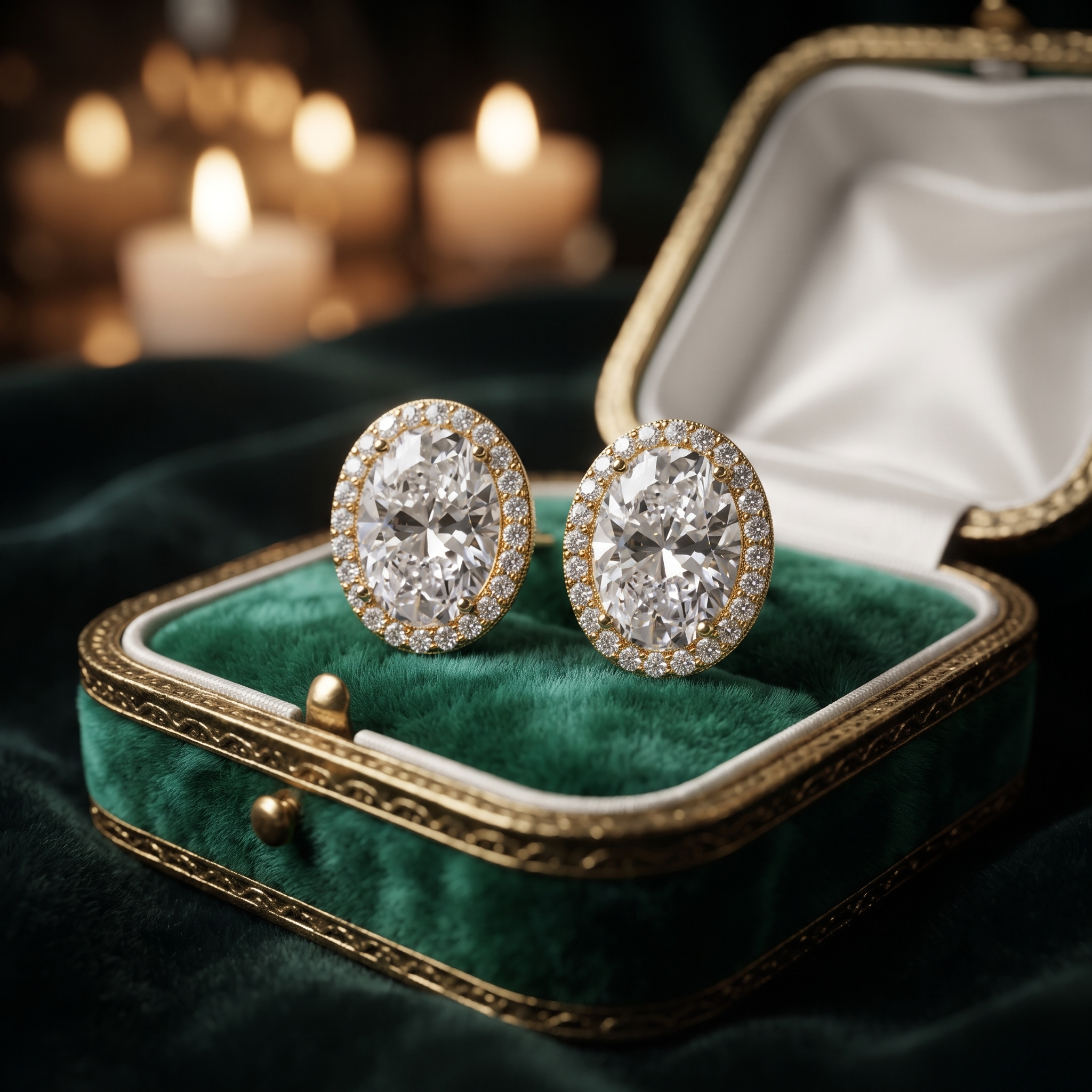 Oval Halo Diamond Stud Earrings in 10K / 14K Gold Or Silver