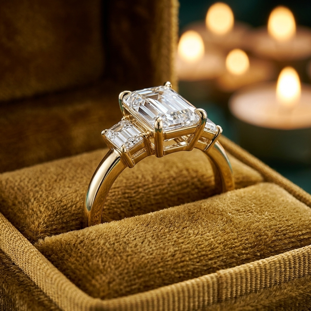 Emerald Cut Three Stone Engagement Ring, Lab Grown Diamond, Solid Gold (9K-18K)