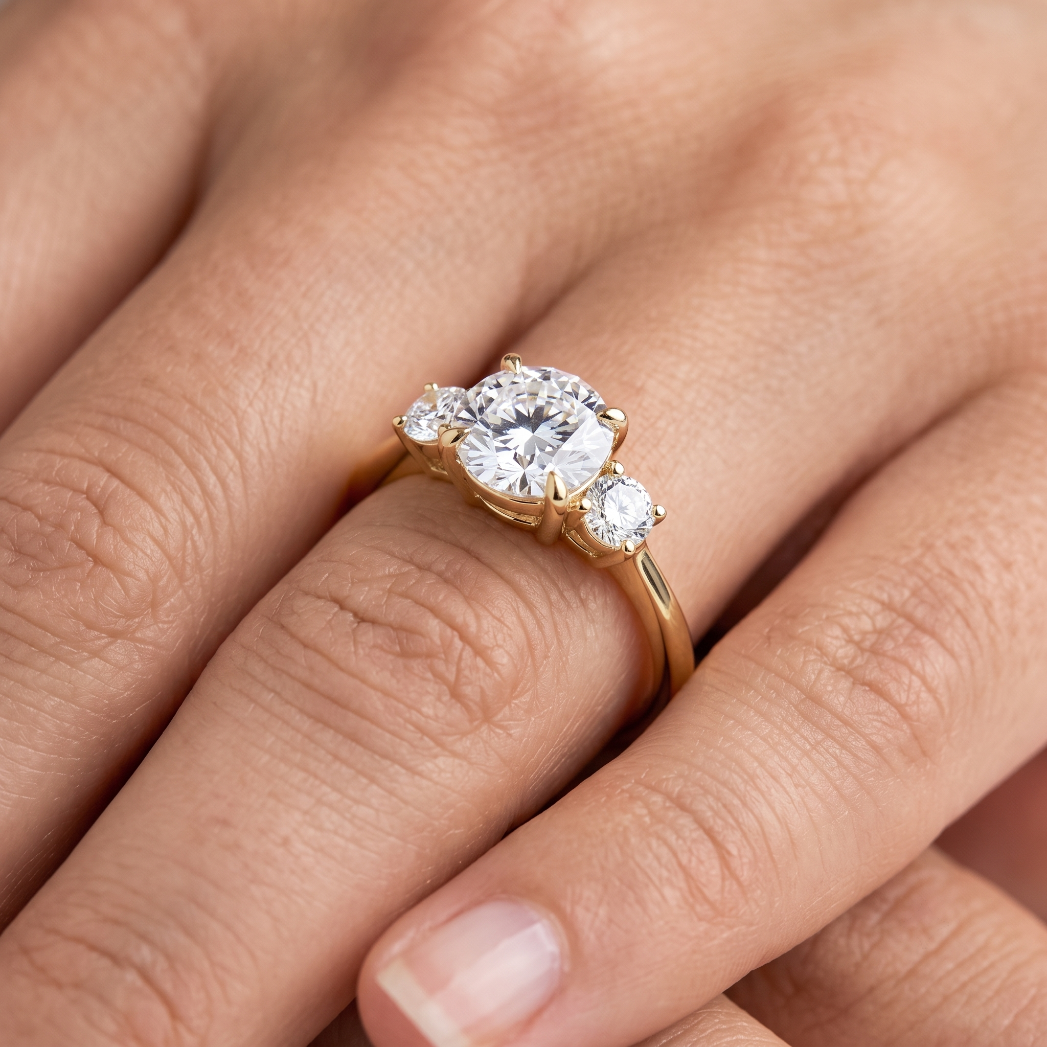 3 Stone Round Diamond Engagement Ring, Curved Matching Band, Minimalist Yellow Gold Bridal Set