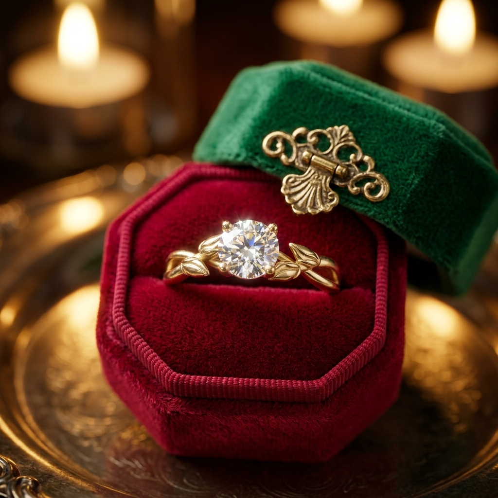 Handcrafted Leaf Vine Engagement Ring, Round Center Stone, Gold or Silver
