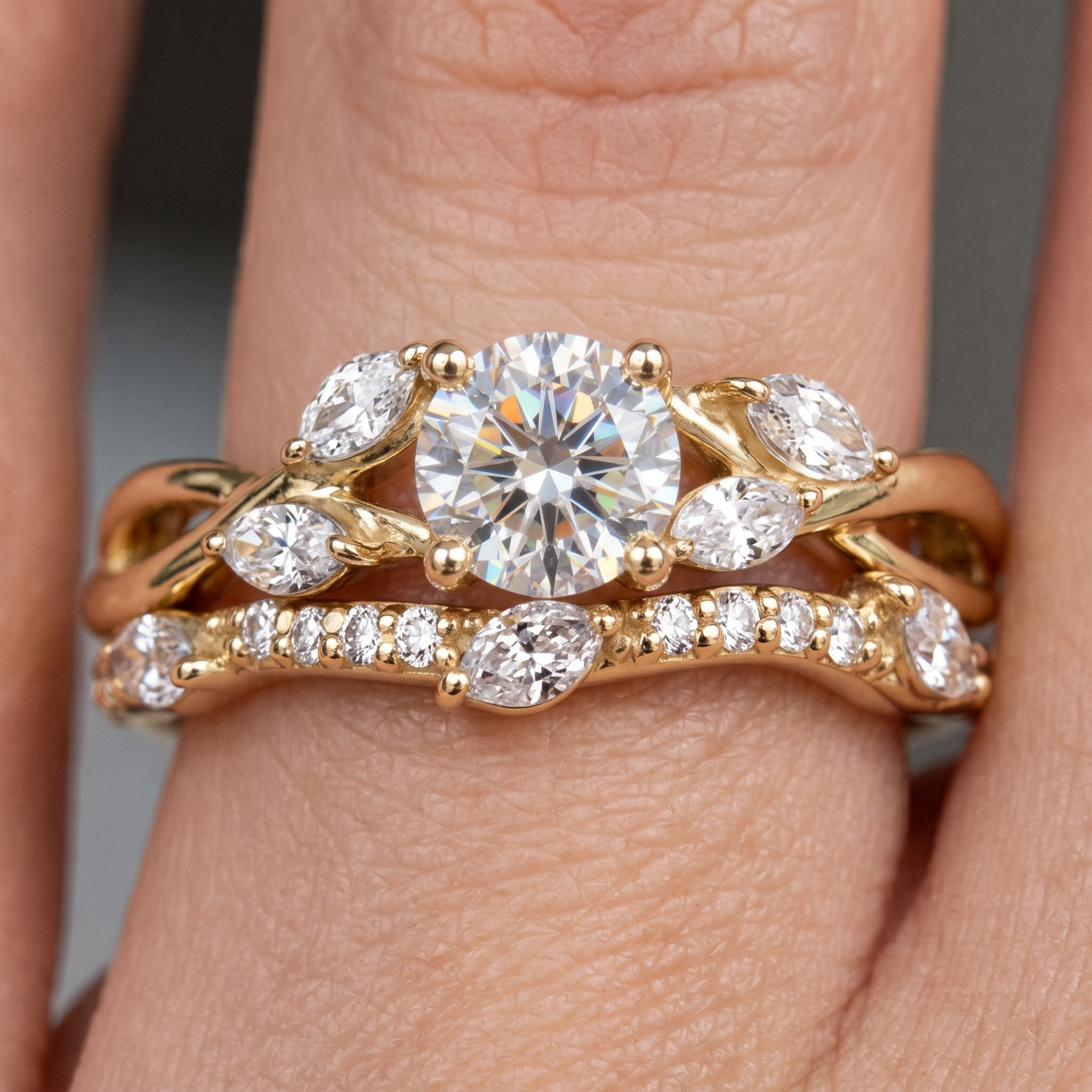 Lab Grown Diamond Engagement Ring Set, Nature Inspired Leaf Vine Design, Curved Wedding Band