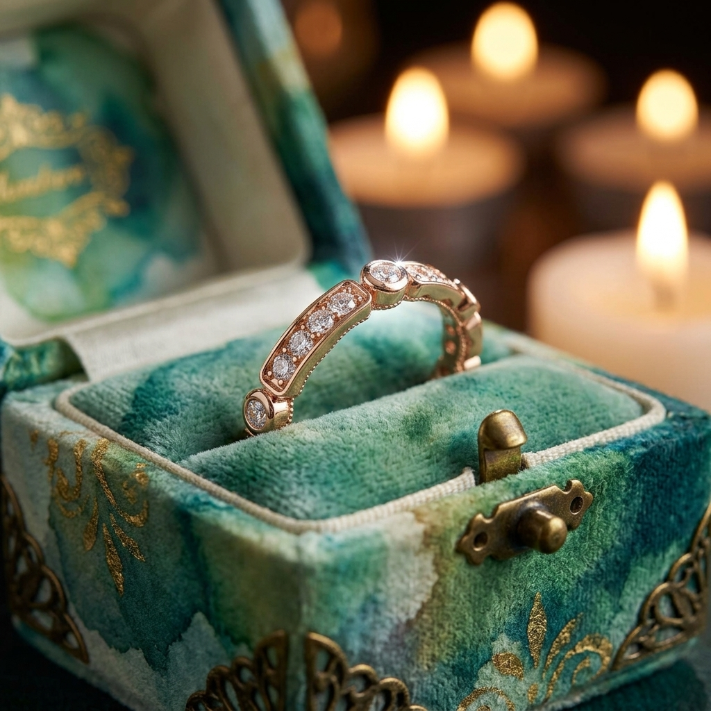 Art Deco Milgrain Diamond Band, Rose Gold Stacking Ring, Alternative Wedding Band