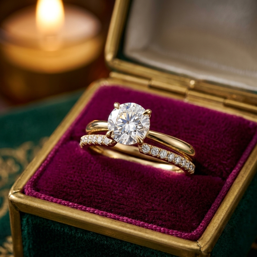Round Cut Diamond Engagement Ring Set, Yellow Gold Pave Wedding Band Bridal Set