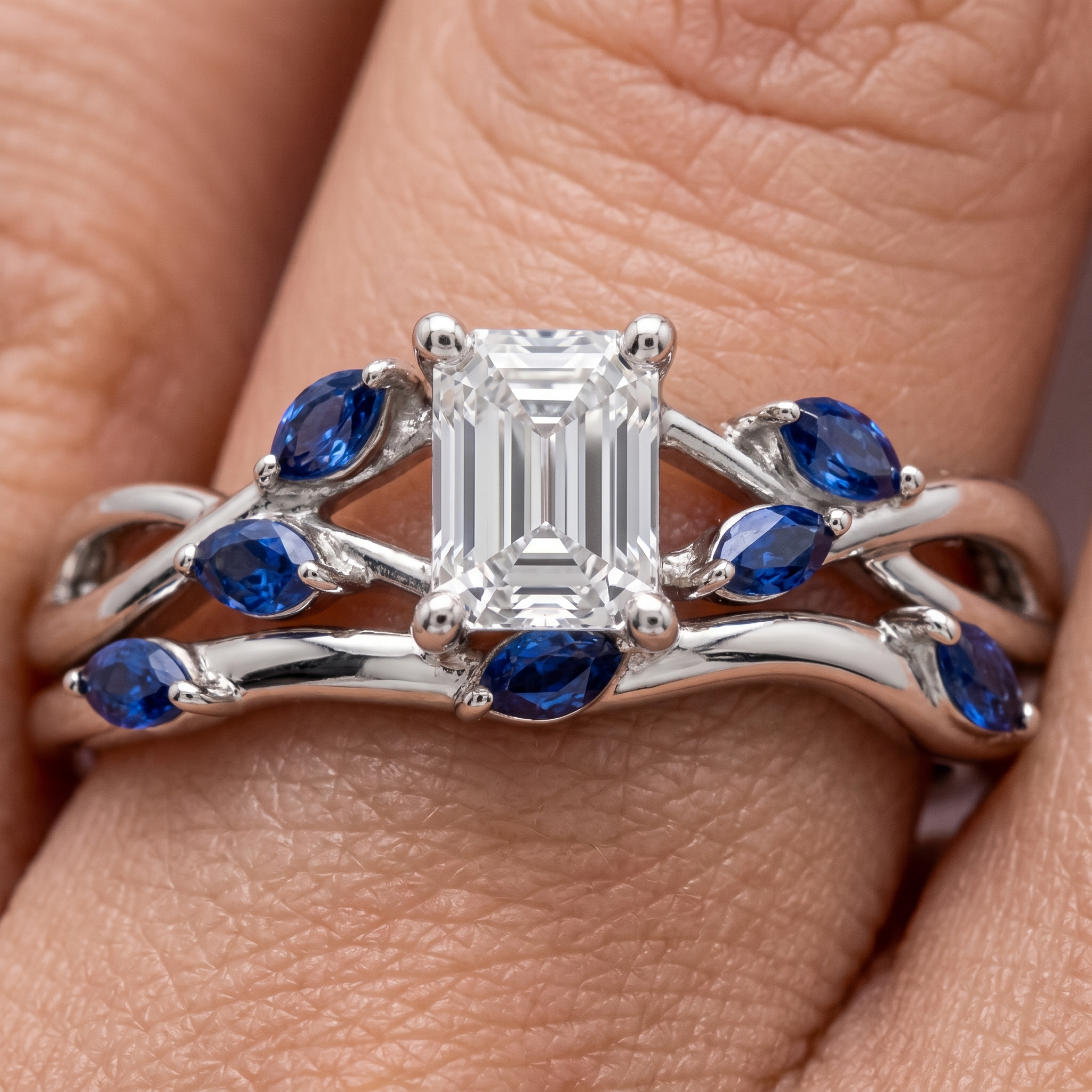 Emerald Cut Diamond Engagement Ring Set, Blue Sapphire Branch Design, Solid Gold Wedding Band