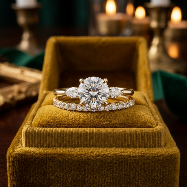 Round Cut Solitaire Engagement Ring & Matching Band Set, Yellow Gold, Milgrain Accents