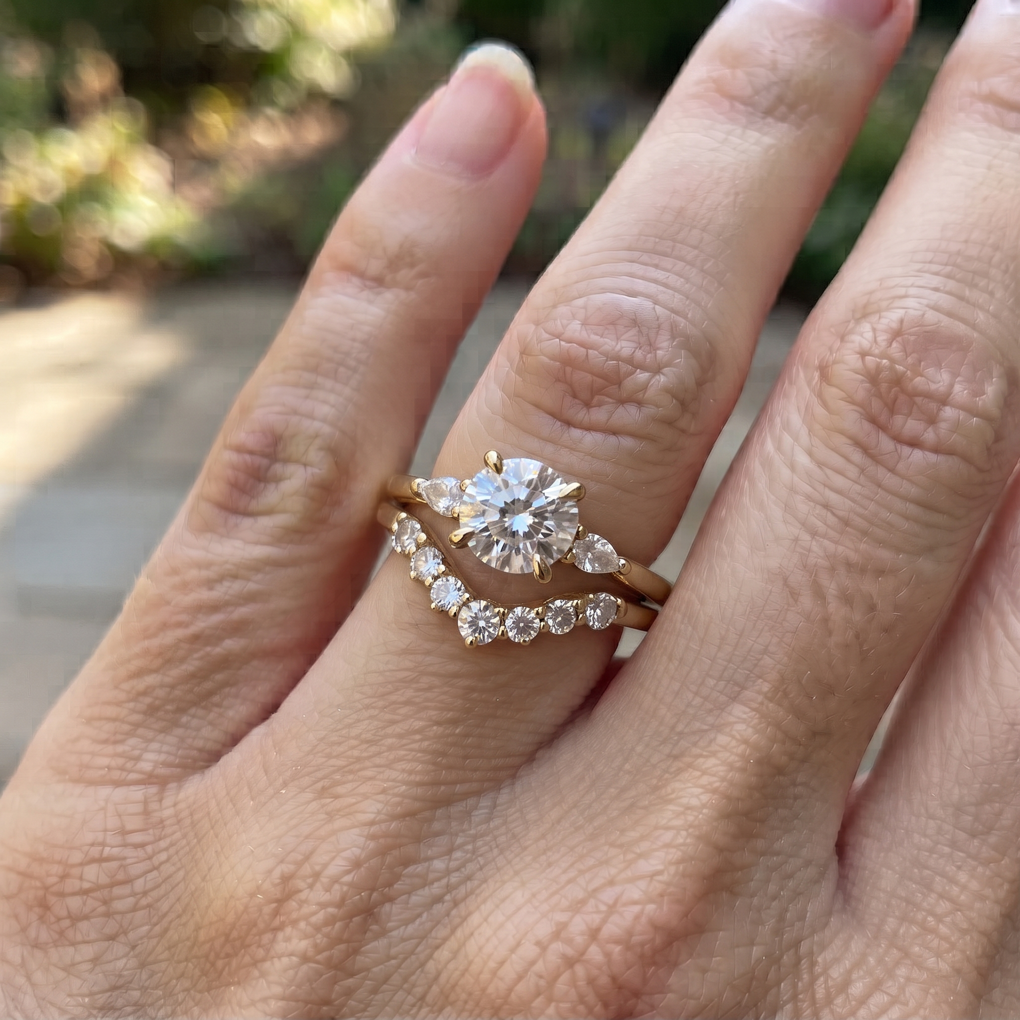 Round Engagement Ring Set, Pear Side Stones, Yellow Gold Curved Wedding Band