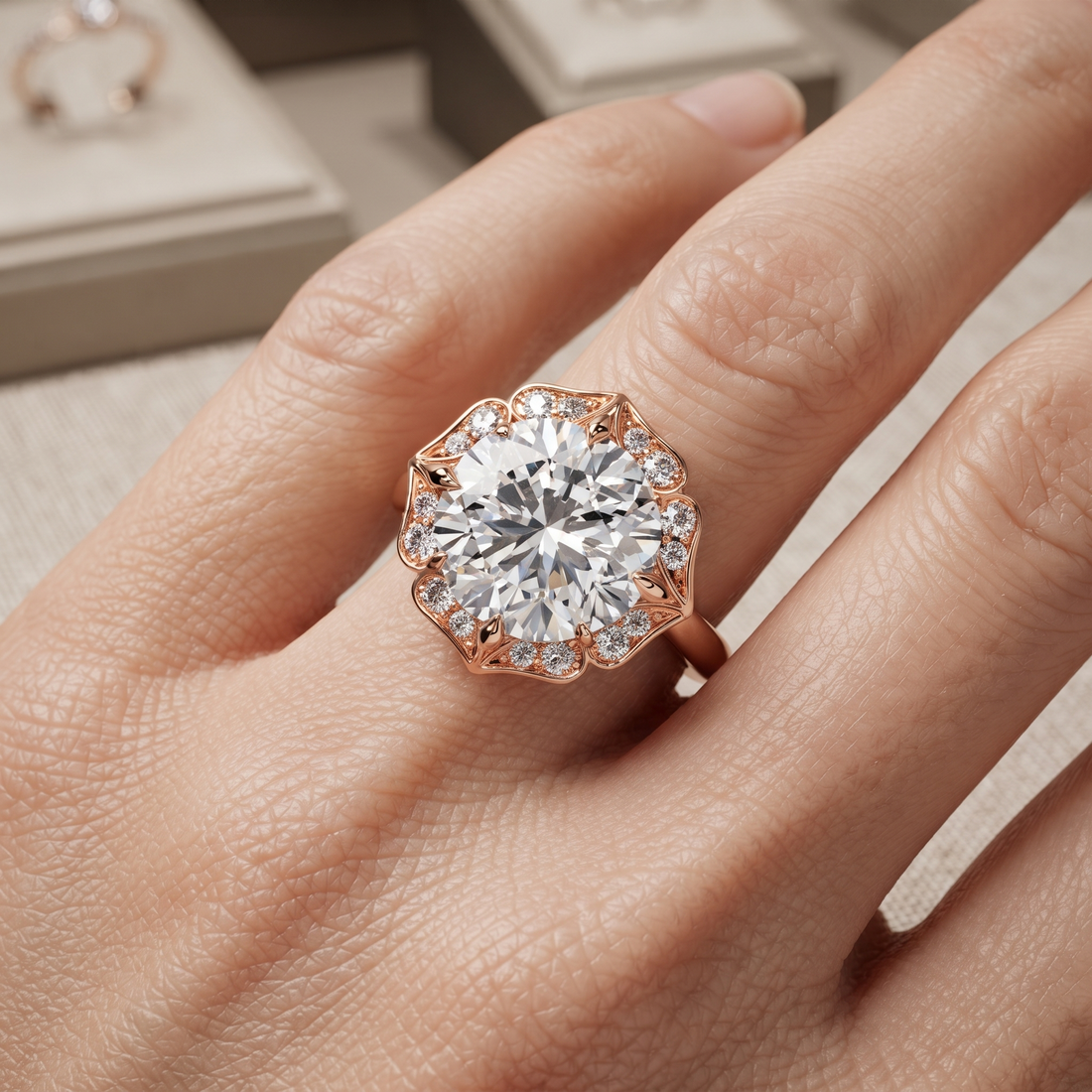 Floral Halo Engagement Ring – Round Solitaire with Delicate Petal Setting in Gold Or Silver
