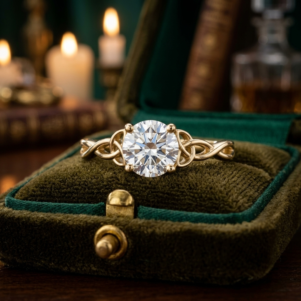 Celtic Knot Engagement Ring, Round Solitaire Lab Grown, 14K Yellow Gold Plated, Promise Ring