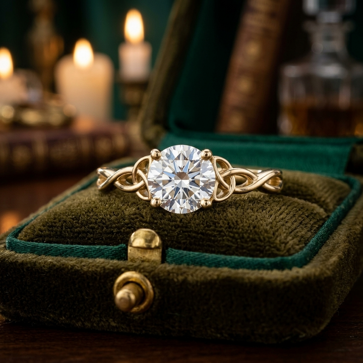 Celtic Knot Engagement Ring, Round Solitaire Lab Grown, 14K Yellow Gold Plated, Promise Ring