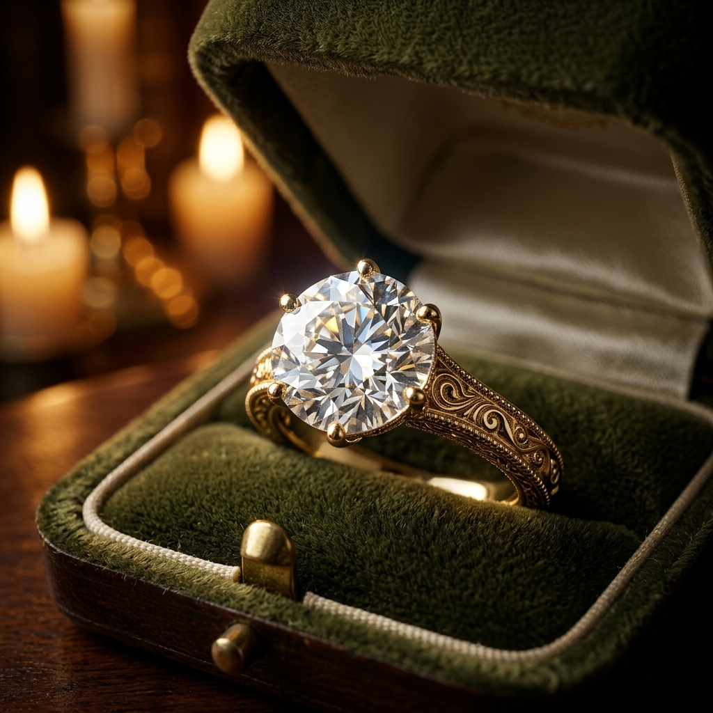 Vintage Art Deco Yellow Gold Engagement Ring, Round Lab Grown Diamond, Milgrain Scroll Design