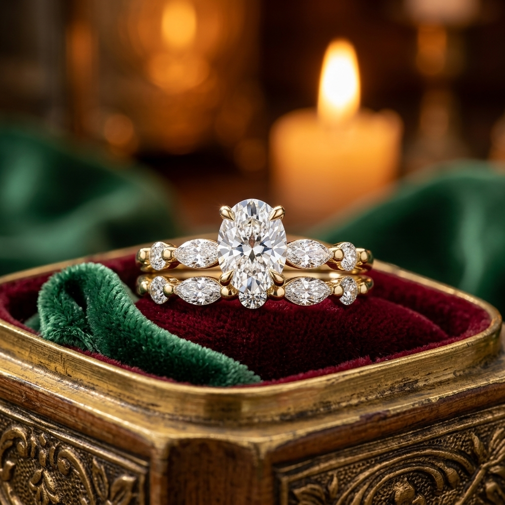 Oval Cut Solitaire Engagement Ring Set | Marquise Beaded Wedding Band (Yellow Gold)