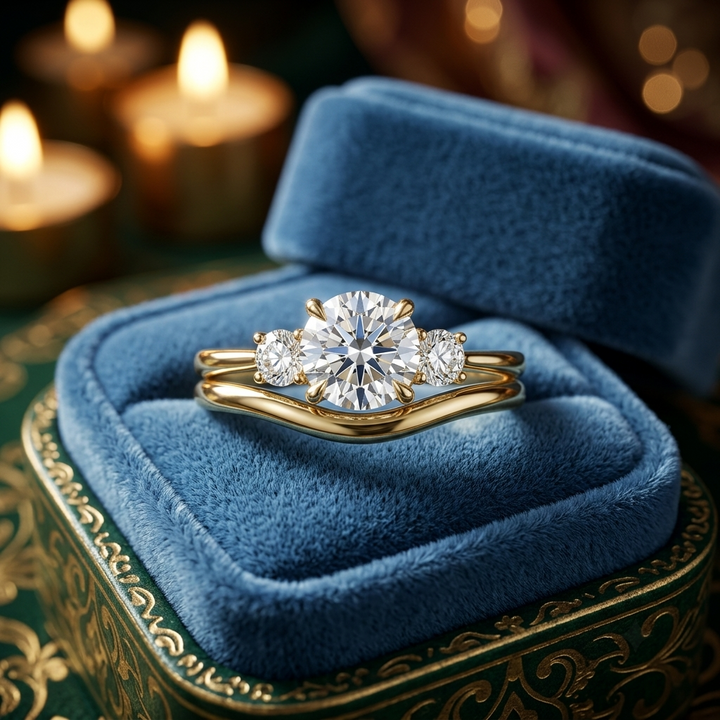 3 Stone Round Diamond Engagement Ring, Curved Matching Band, Minimalist Yellow Gold Bridal Set