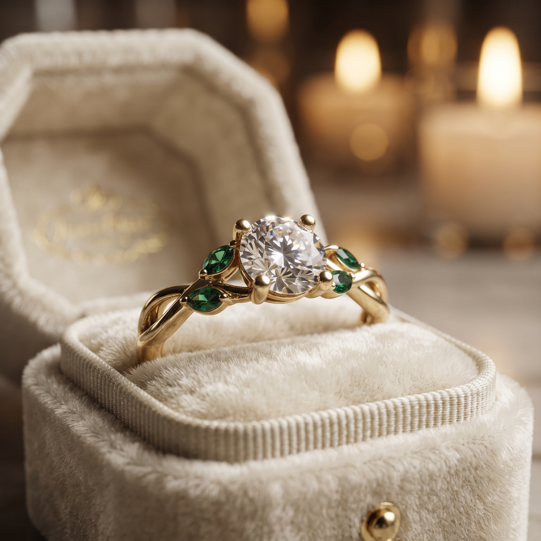 14K Yellow Gold Leaf Engagement Ring with Marquise Emeralds – Nature Floral Cluster Ring