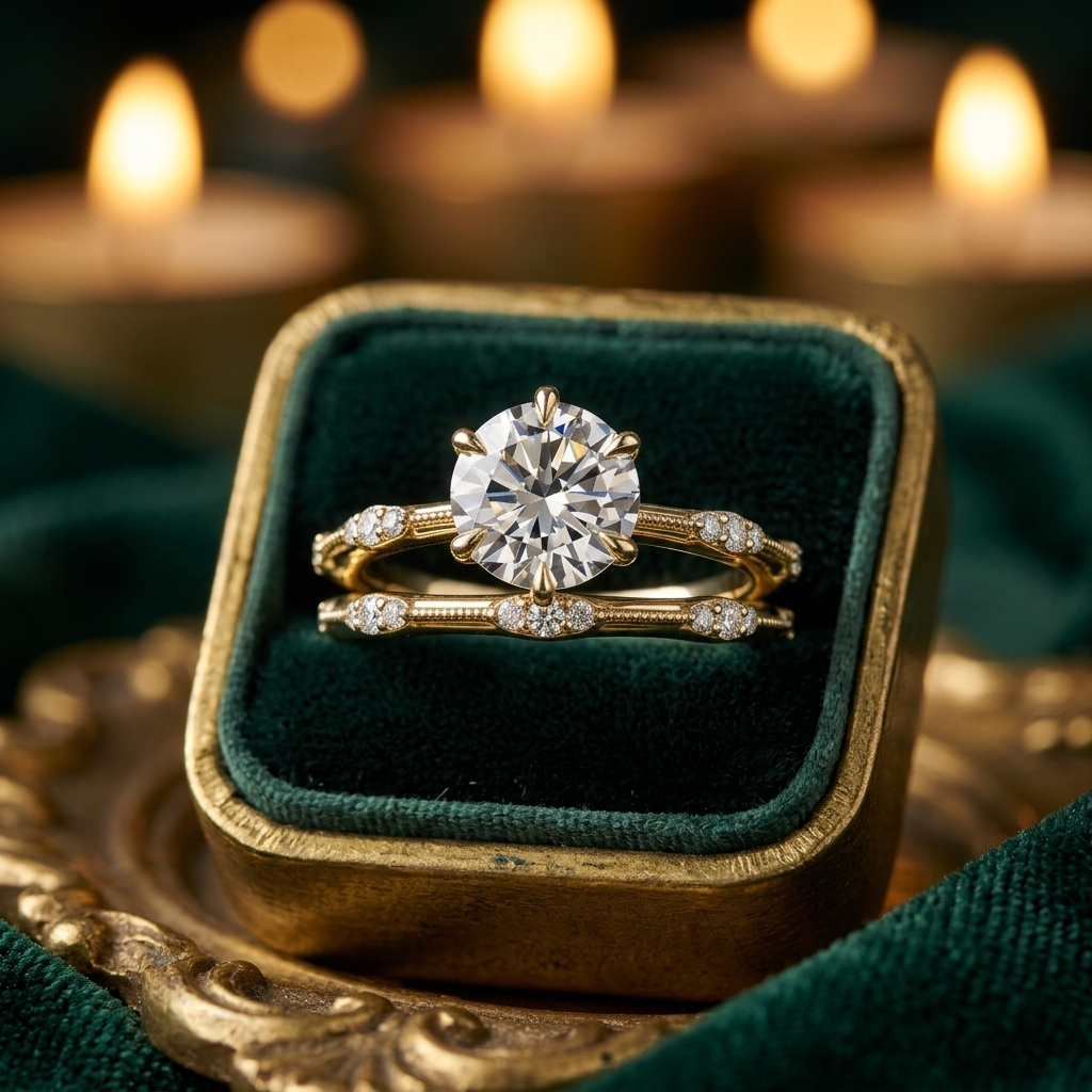 Lab Grown Diamond Bridal Set, Round Cut Solitaire Engagement Ring, Yellow Gold Wedding Band