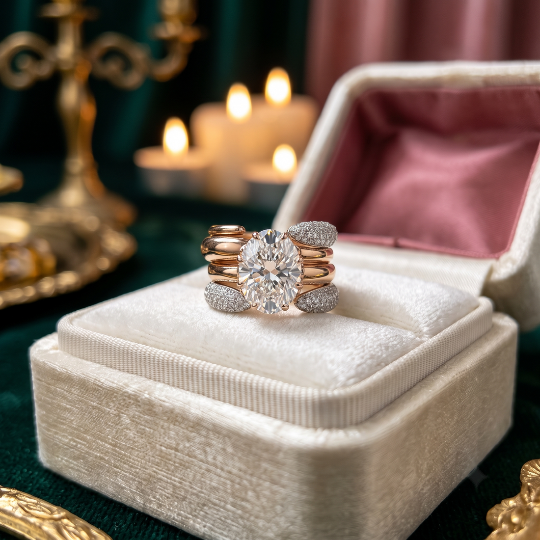 Oval Solitaire Ring with Pave Bands, Rose Gold Silver Stackable Bridal Set