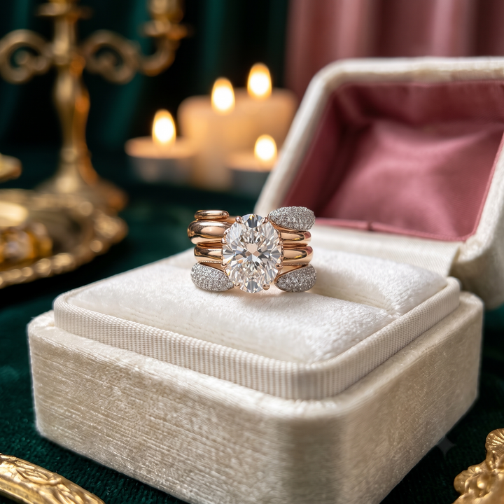 Oval Solitaire Ring with Pave Bands, Rose Gold Silver Stackable Bridal Set