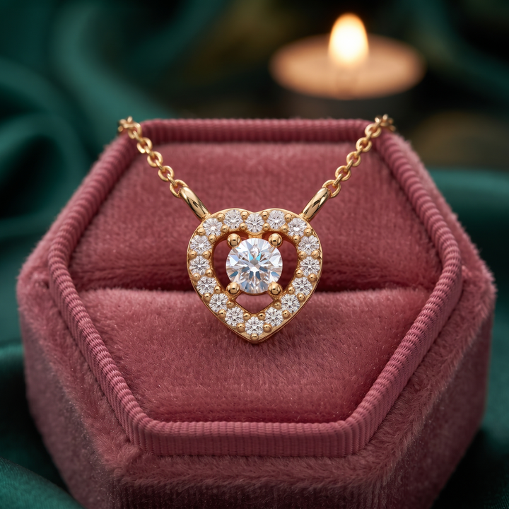Heart Halo Diamond Pendant Necklace, Dainty Gold Love Jewelry, Romantic Gift