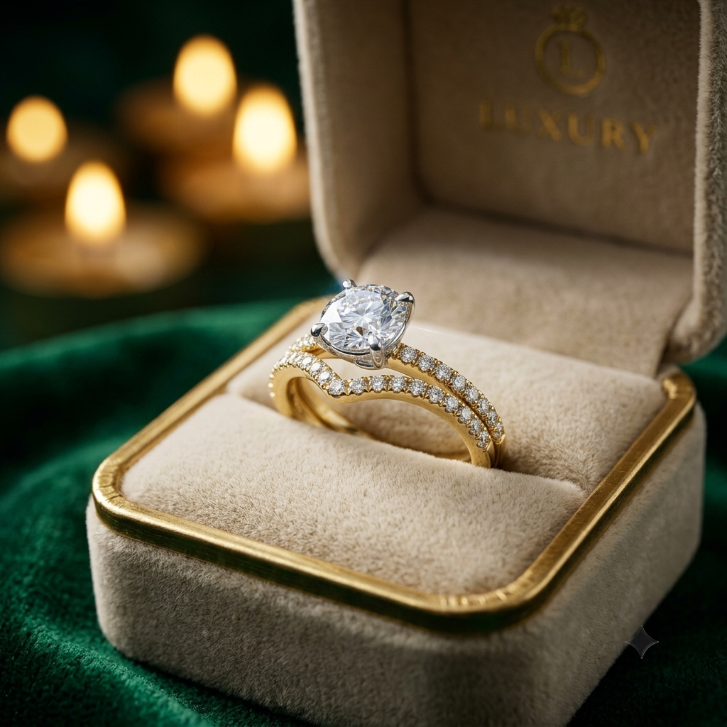Yellow Gold Round Cut Diamond Engagement Ring Set with Pave Band