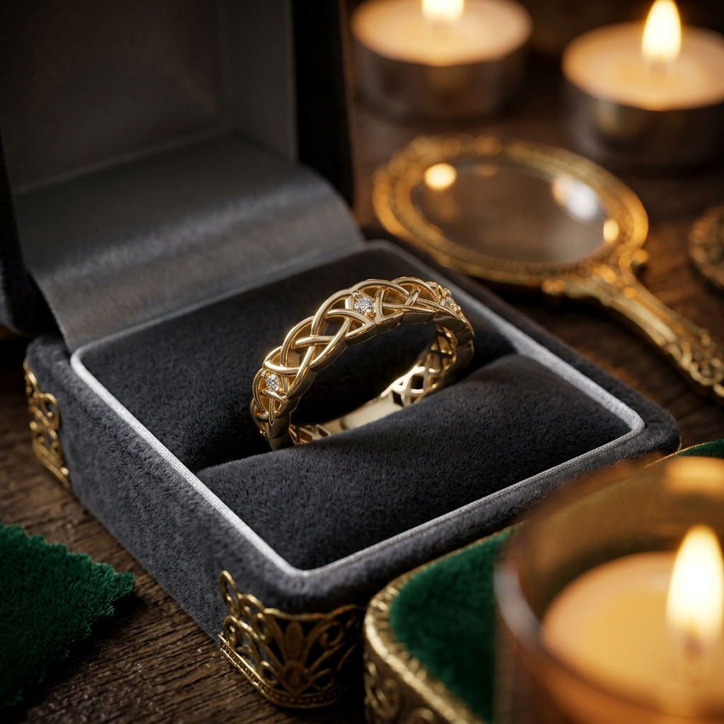 Gold Celtic Knot Ring with Diamonds, Woven Filigree Wedding Band, Irish Heritage Jewelry