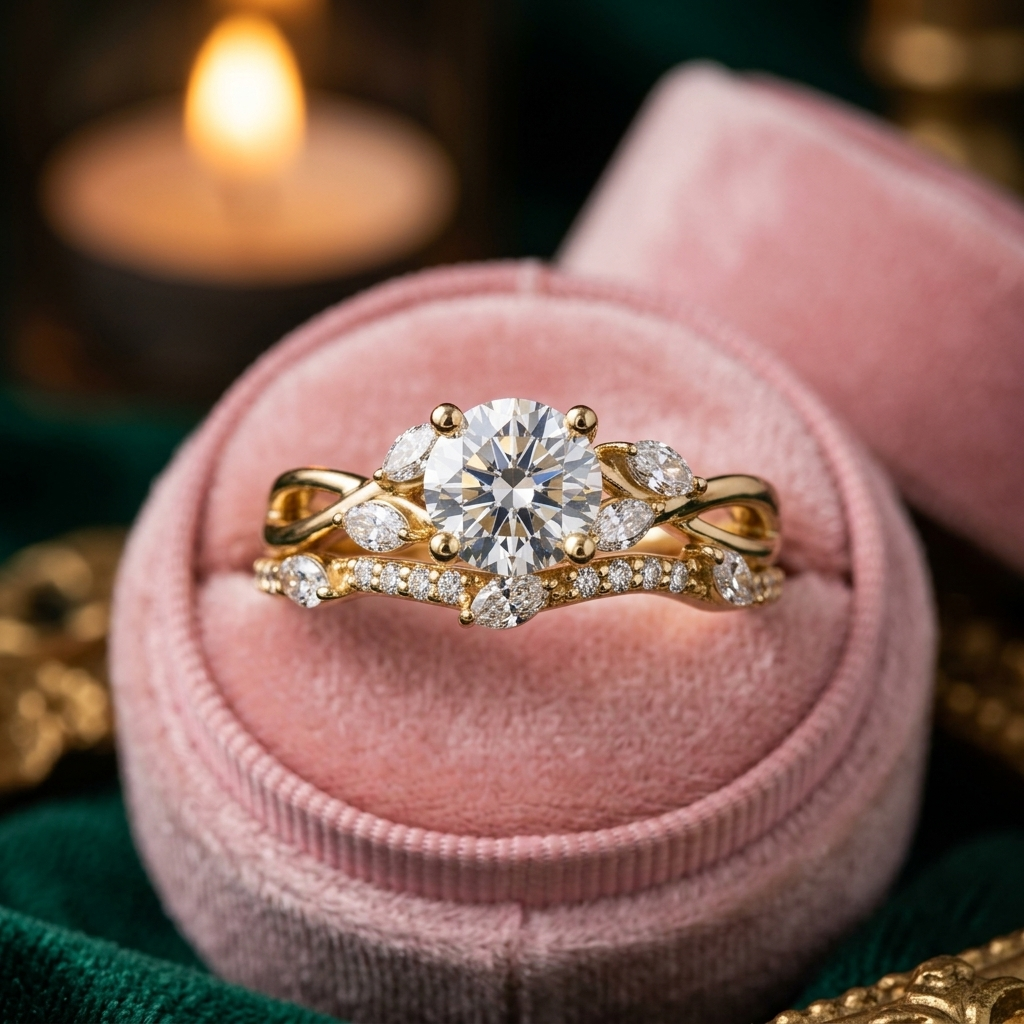 Lab Grown Diamond Engagement Ring Set, Nature Inspired Leaf Vine Design, Curved Wedding Band