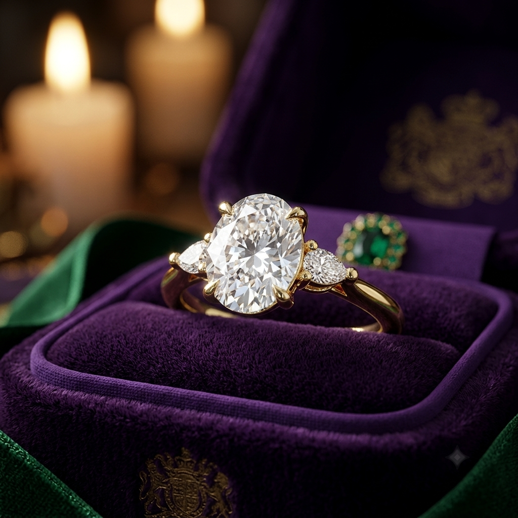 Oval Lab Grown Diamond Ring, 3-Stone Pear Side Stones, Minimalist Gold Engagement Ring