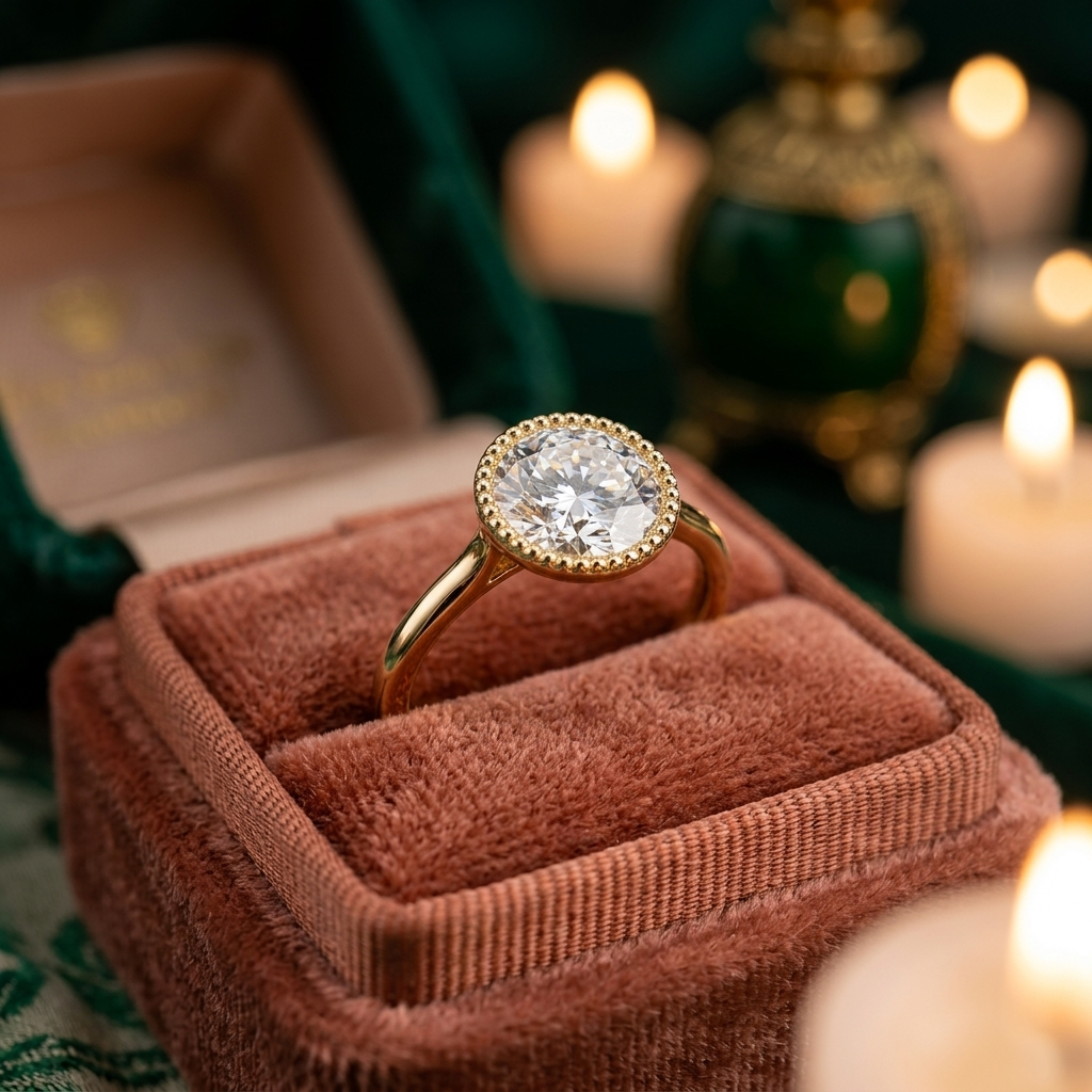 Milgrain Bezel Lab Grown Diamond Ring, Round Cut Solitaire, Solid Gold Engagement Ring