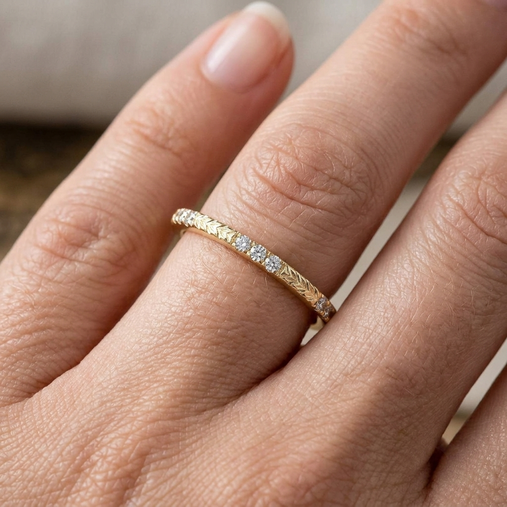 Hand Engraved Wheat Solitaire Engagement Ring, Round Cut Diamond, Nature Inspired Band